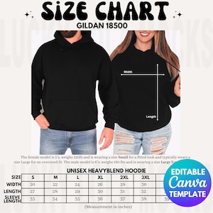 Editable Gildan 18500 Size Chart, Gildan Hoodie Size Chart, Size Chart Gildan 18500, Gildan G185 Size Chart, Gildan Hoodie Size Guide