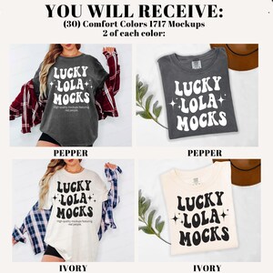 Pu&ograve; includere: Immagine di mockup con quattro magliette in diversi colori: pepe e avorio. Ogni maglietta mostra il testo "LUCKY LOLA MOCKS" in un font retr&ograve;. L'immagine include il testo "YOU WILL RECEIVE: (30) Comfort Colors 1717 Mockups 2 of each color:"