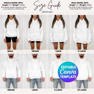 Può includere: Una guida alle taglie per felpe con cappuccio Gildan 18500, con modelli femminili e maschili in varie taglie. La modella femminile è alta 163 cm e pesa 54 kg, indossa una taglia Small. Il modello maschile è alto 183 cm e pesa 82 kg, indossa una taglia Large.