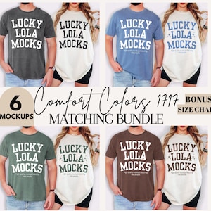 Op de afbeelding: Een mockup-bundel met zes Comfort Colors t-shirts in verschillende kleuren. Elk shirt toont de tekst "LUCKY LOLA MOCKS". De afbeelding bevat ook de tekst "Comfort Colors 1717 Matching Bundle" en "Bonus Size Chart!"