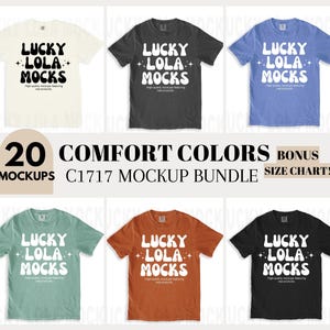 Op de afbeelding: Twintig mockups van een t-shirt ontwerp met de tekst "Lucky Lola Mocks" in een wit, retro lettertype. De mockups tonen het ontwerp op t-shirts in verschillende kleuren, waaronder wit, zwart, blauw, groen en oranje.