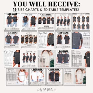 May include: A collection of 19 digital size charts and editable templates for t-shirts, featuring various models wearing different sizes of shirts. Each chart includes measurement tables, sizing guides, and visual examples of fit for adult unisex apparel.