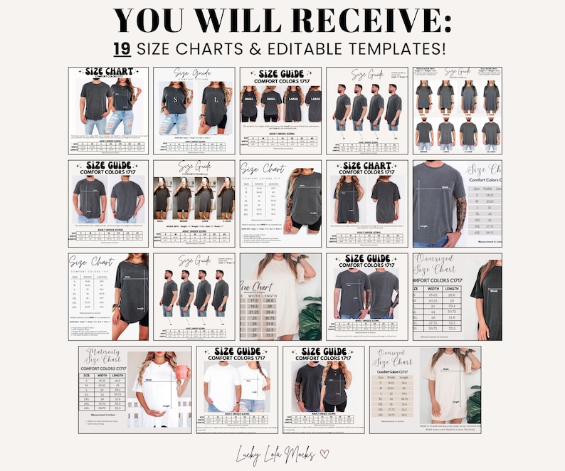 May include: A collection of 19 digital size charts and editable templates for t-shirts, featuring various models wearing different sizes of shirts. Each chart includes measurement tables, sizing guides, and visual examples of fit for adult unisex apparel.