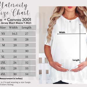 Zwangerschap Bella Canvas 3001 maattabel, oversized maattabel, maattabel mockup, Bella maattabel, maattabel mockup, moederschap mockup, moeder