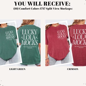 May include: Image shows two Comfort Colors 1717 t-shirt mockups in light green and crimson. Each mockup displays the text "LUCKY LOLA MOCKS" in white. The light green shirt is shown from the front and back, while the crimson shirt is shown from the front and back.