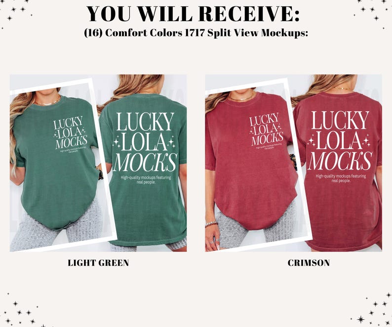 May include: Image shows two Comfort Colors 1717 t-shirt mockups in light green and crimson. Each mockup displays the text "LUCKY LOLA MOCKS" in white. The light green shirt is shown from the front and back, while the crimson shirt is shown from the front and back.