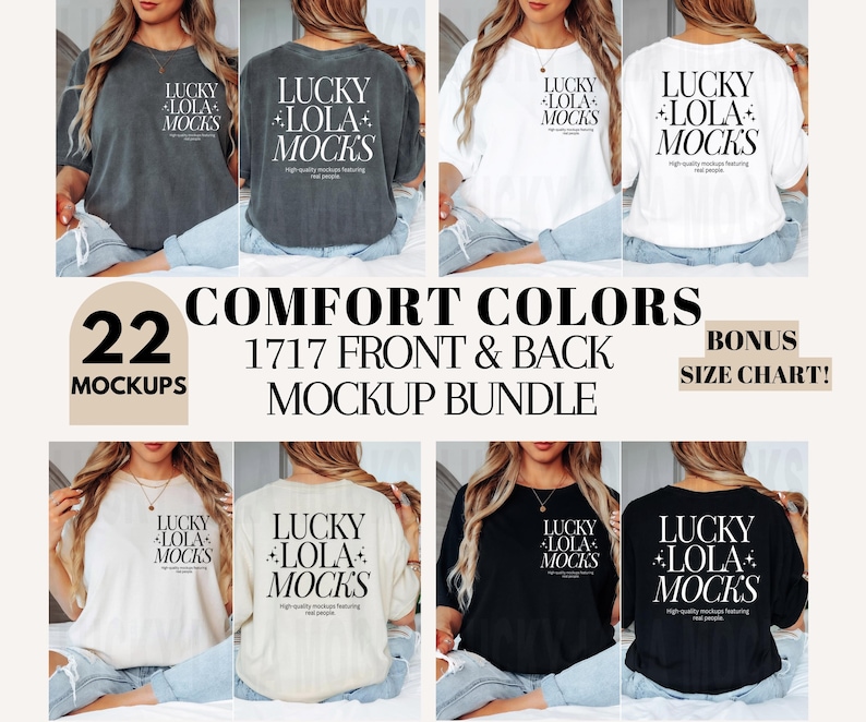 May include: A mockup bundle of 22 t-shirt designs featuring the text "Lucky Lola Mocks" in black on various colored shirts. The shirts are shown on models in front and back views. The bundle includes a bonus size chart.