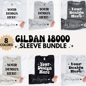 May include: A set of eight Gildan 18000 long-sleeved shirts in various colours, including white, grey, black, and beige. Each shirt has a blank space for adding a design, with the text "Your Design Here" printed on each shirt.