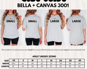May include: Size chart for Bella + Canvas 3001 unisex t-shirts. The chart shows measurements in inches for width and length in sizes XS to 4X.