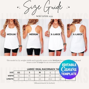 Tabla de tallas editable Next Level 1533, maqueta Next Level 1533, tabla de tallas 1533, guía de tallas 1533, tabla de tallas para camisetas sin mangas Next Level, tabla de tallas para camisetas sin mangas