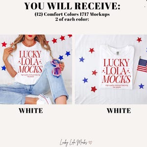 May include: Two images of a white t-shirt mockup with the text "LUCKY LOLA MOCKS" printed in red. The first image shows a woman wearing the t-shirt, and the second image shows the t-shirt laid flat on a white surface. Both images feature red, white, and blue stars and an American flag.