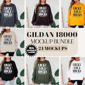 Gildan 18000 Sweatshirt Mockup Bundle, G180 Crewneck Mockup Bundle for Print-on-Demand, 24 Colors, Real Model & Products