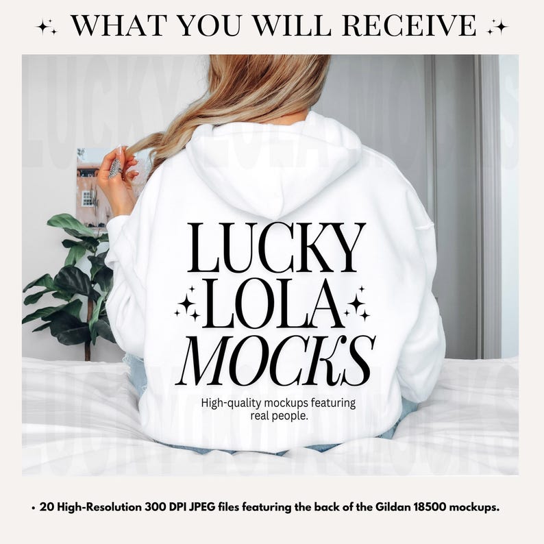 May include: A white hoodie with the text "LUCKY LOLA MOCKS" printed on the back. High-quality mockups featuring real people. 20 high-resolution 300 DPI JPEG files featuring the back of the Gildan 18500 mockups.
