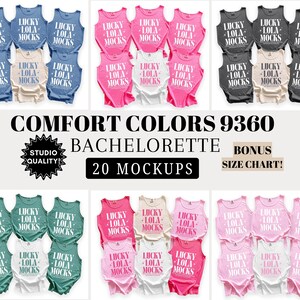 May include: A collection of tank tops in various colors, including blue, pink, gray, and green, each printed with "LUCKY LOLA MOCKS" in white. The image also features text that reads "COMFORT COLORS 9360 BACHELORETTE 20 MOCKUPS BONUS SIZE CHART!"