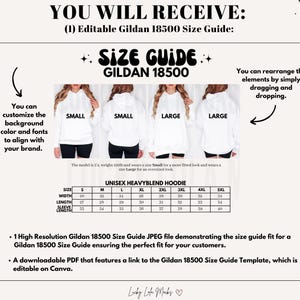Puede incluir: Una gu&iacute;a de tallas para sudaderas con capucha unisex Gildan 18500, que muestra los diferentes tama&ntilde;os y medidas de ancho, largo y largo de manga. La gu&iacute;a incluye un archivo JPEG de alta resoluci&oacute;n y una plantilla PDF descargable.