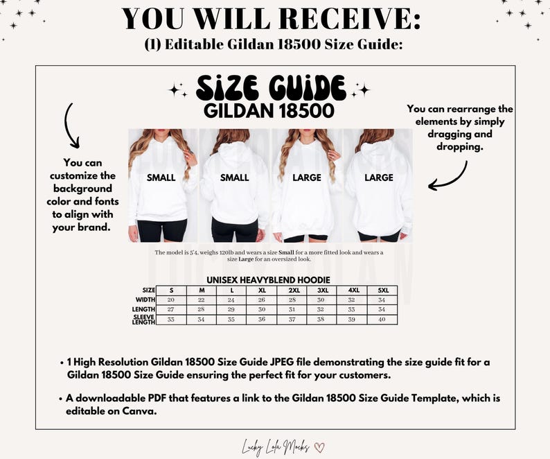 Puede incluir: Una gu&iacute;a de tallas para sudaderas con capucha unisex Gildan 18500, que muestra los diferentes tama&ntilde;os y medidas de ancho, largo y largo de manga. La gu&iacute;a incluye un archivo JPEG de alta resoluci&oacute;n y una plantilla PDF descargable.