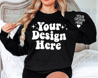 Gildan 18000 Mockup, 18000 Black Mockup, Gildan Black Sweatshirt Mockup, Oversized Sweatshirt Mockup, Model Mockup Black Gildan 18000 Mockup