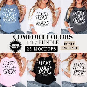 Könnte beinhalten: Eine Auswahl an T-Shirt-Mockups in verschiedenen Farben, darunter Blau, Weiß, Grau, Rosa, Schwarz und Creme. Jedes Shirt zeigt den Text "LUCKY LOLA MOCKS". Zusätzlicher Text beinhaltet "COMFORT COLORS 1717 BUNDLE" und "25 MOCKUPS".