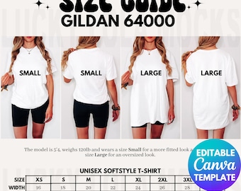 Editable Gildan 64000 Size Chart, Size Chart Mockup, Oversized Size Chart, Size Chart, Gildan 6400 Size Chart, Gildan Softstyle Mockup