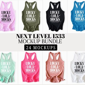 Könnte beinhalten: Acht Tanktops in verschiedenen Farben wie Rosa, Grün, Schwarz und Blau. Auf jedem Tanktop steht in weißer Schrift "LUCKY + LOLA + MOCKS". Das Bild zeigt auch den Text "NEXT LEVEL 1533 MOCKUP BUNDLE 24 MOCKUPS".