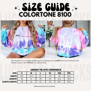 May include: Size chart for a tie-dye crewneck sweatshirt in various sizes, including small, medium, large, extra large, 2XL, and 3XL. The chart shows the width, length, and sleeve length in inches.