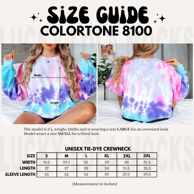 May include: Size chart for a tie-dye crewneck sweatshirt in various sizes, including small, medium, large, extra large, 2XL, and 3XL. The chart shows the width, length, and sleeve length in inches.