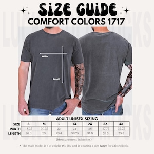 Tabla de tallas Comfort Colors, tabla de tallas para hombres, tabla de tallas de camisas para hombres, tabla de tallas 1717, tabla de tallas Comfort Colors 1717, maqueta de tabla de tallas