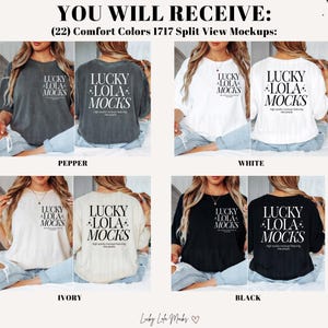 May include: Four split view mockups of a t-shirt with the text "LUCKY LOLA MOCKS" in white on a black, white, ivory, and pepper colored shirt.