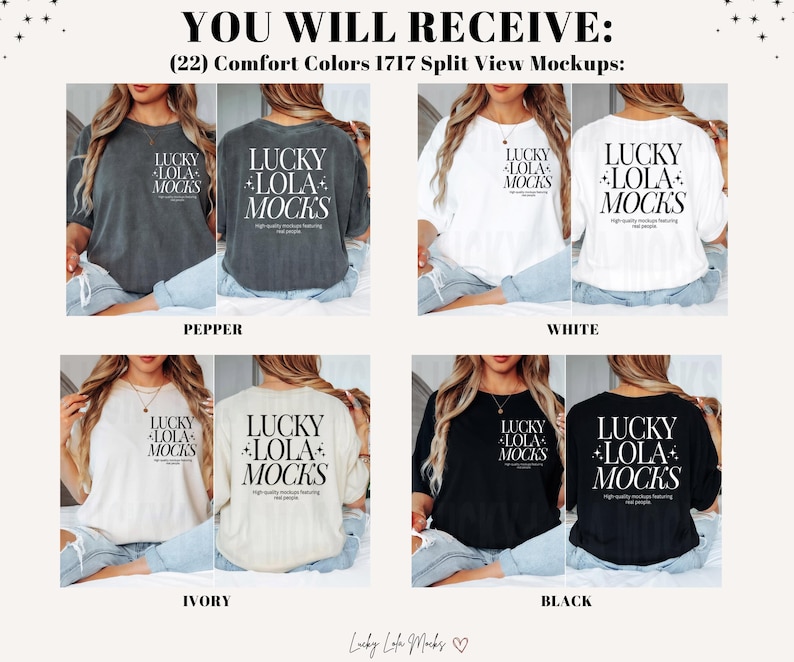 May include: Four split view mockups of a t-shirt with the text "LUCKY LOLA MOCKS" in white on a black, white, ivory, and pepper colored shirt.