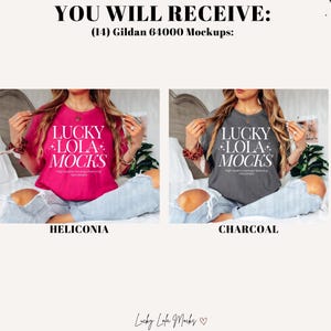 May include: Two mockups of a t-shirt with the text "LUCKY LOLA MOCKS" printed on it. The t-shirt on the left is pink and the t-shirt on the right is charcoal.
