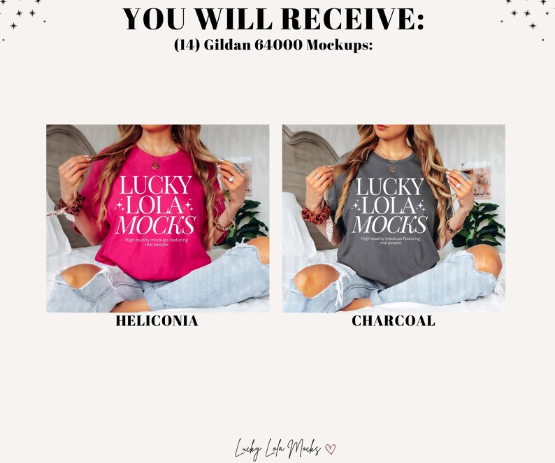 May include: Two mockups of a t-shirt with the text "LUCKY LOLA MOCKS" printed on it. The t-shirt on the left is pink and the t-shirt on the right is charcoal.