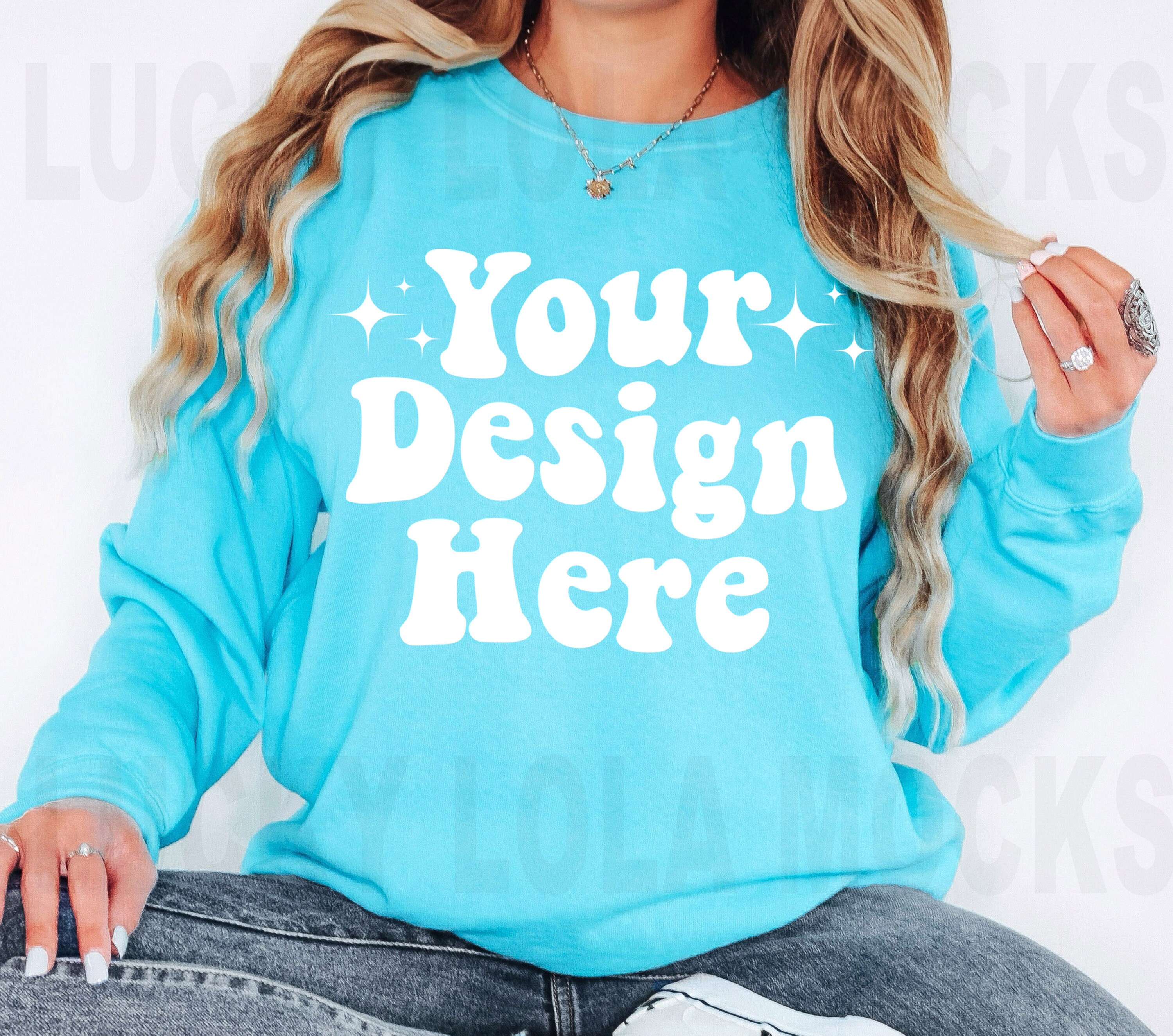 Lagoon Blue Comfort Colors 1566 Sweatshirt Mockup, Comfort Colors