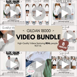 Pode incluir: Um pacote de marketing digital para moletons Gildan 18000 com oito miniaturas de vídeo, tabelas de tamanhos com medidas em polegadas e sobreposições de texto, incluindo GILDAN 18000 VIDEO BUNDLE e High-Quality Videos featuring REAL people. NOT AI.