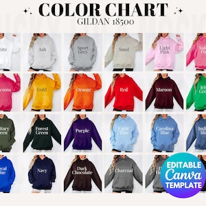Editable Gildan 18500 Color Chart, g185 Color Chart, Gildan 18500 Color Chart Editable, 18500 Color Editable, Gildan Sweatshirt Color Chart