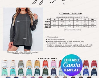 Editable Comfort Colors 6014 Size and Color Chart, 6014 Size Chart, 6014 Color Chart, 6014 Size Guide, Size and Color Charts Mockup