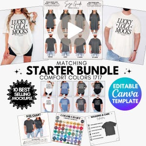 Puede incluir: Un paquete de maquetas con camisetas con el texto "LUCKY + LOLA + MOCKS". La imagen incluye una guía de tallas, una carta de colores e instrucciones de lavado. El paquete también incluye un gráfico "10 BEST SELLING MOCKUPS!" y un gráfico "EDITABLE Canva TEMPLATE".