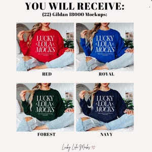 Op de afbeelding: Vier mockups van een Gildan 18000 sweatshirt in rood, koninklijk blauw, bosgroen en marineblauw. Elk sweatshirt heeft de tekst "LUCKY LOLA MOCKS" in wit.