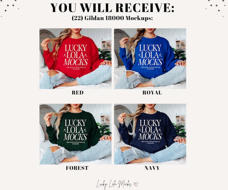 Op de afbeelding: Vier mockups van een Gildan 18000 sweatshirt in rood, koninklijk blauw, bosgroen en marineblauw. Elk sweatshirt heeft de tekst "LUCKY LOLA MOCKS" in wit.