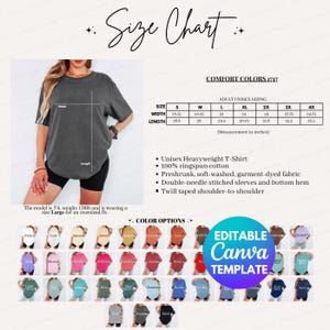 May include: Image of a size chart for unisex heavyweight t-shirts. The chart includes measurements in inches for sizes S to 4X. The image also shows color options and details about the shirt's features, including 100% ringspun cotton and double-needle stitching.