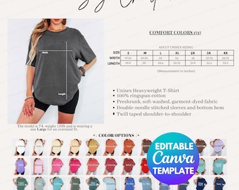 May include: A size chart for unisex t-shirts, with measurements in inches. The image displays a range of colours and details about the t-shirt, including 100% ringspun cotton and double-needle stitched sleeves. The model is 5'4 and wearing a size Large.