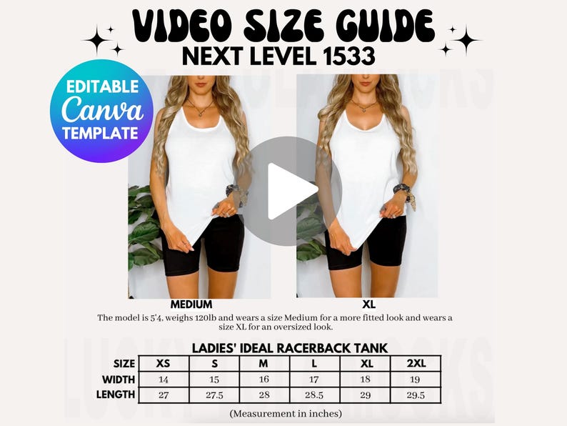 Pu&ograve; includere: Tabella delle taglie per un top racerback, che mostra le misure in pollici per le taglie XS, S, M, L, XL e 2XL. La tabella include le misure di larghezza e lunghezza. La modella indossa un top bianco e pantaloncini neri.