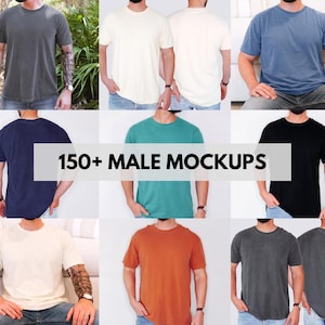 May include: A collection of short-sleeved crew neck t-shirts in various solid colors including charcoal, cream, blue, navy, teal, black, and rust, displayed in a grid layout with the text 150+ MALE MOCKUPS overlaid in the center of the image.