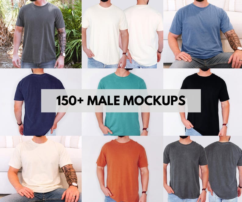May include: A collection of short-sleeved crew neck t-shirts in various solid colors including charcoal, cream, blue, navy, teal, black, and rust, displayed in a grid layout with the text 150+ MALE MOCKUPS overlaid in the center of the image.