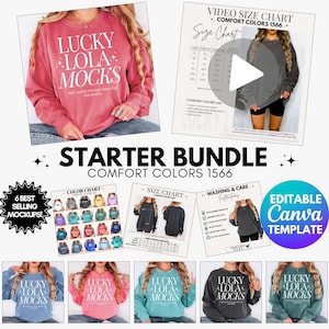May include: A promotional image for a starter bundle of mockups. The image features a red sweatshirt with the text "LUCKY LOLA MOCKS", size charts, color charts, and washing instructions. The bundle includes an editable Canva template.