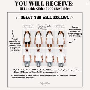May include: A size guide for Gildan 5000 t-shirts, featuring images of models wearing different sizes. The guide includes text that says "What You Will Receive" and "Size Guide". The guide is customizable and editable.