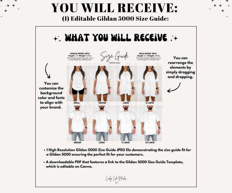 May include: A size guide for Gildan 5000 t-shirts, featuring images of models wearing different sizes. The guide includes text that says "What You Will Receive" and "Size Guide". The guide is customizable and editable.