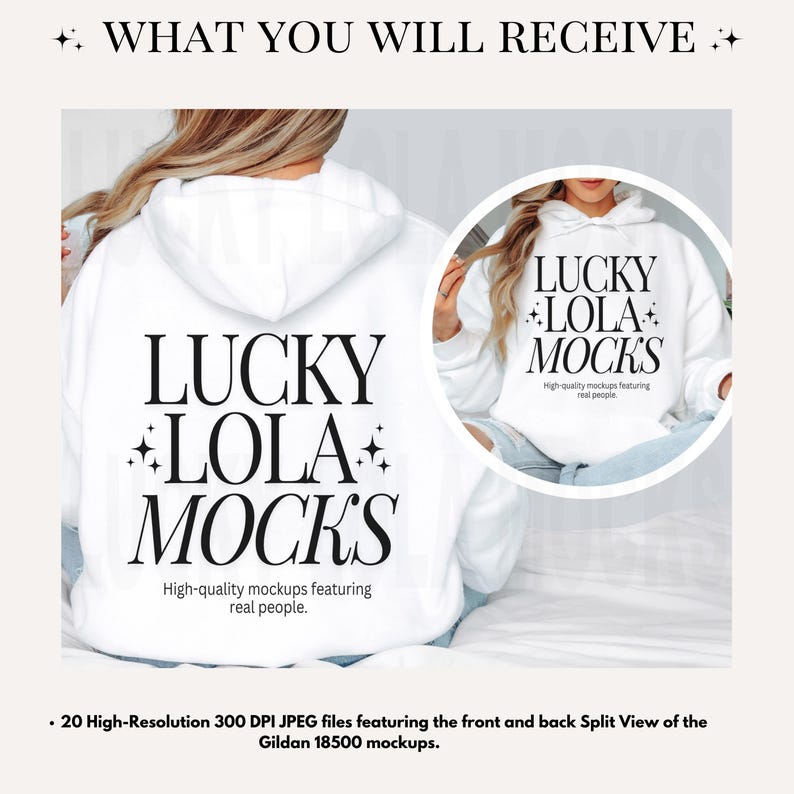 May include: A white hoodie mockup featuring the text "Lucky Lola Mocks" with a white background and a model wearing the hoodie. High-quality mockups featuring real people. 20 High-Resolution 300 DPI JPEG files featuring the front and back Split View of the Gildan 18500 mockups.