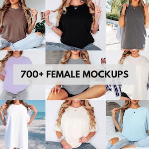 May include: A collection of nine short-sleeved t-shirts in various solid colors including brown, black, charcoal, lavender, gray, white, cream, and light blue, featuring the text 700+ FEMALE MOCKUPS overlaid across the center of the image.