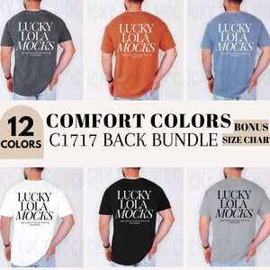 Könnte beinhalten: Zwölf verschiedene Farb-Mockups eines T-Shirts mit dem Text "Lucky Lola Mocks" auf der Rückseite. Der Text ist weiß und die Shirts sind in verschiedenen Farben, darunter Schwarz, Weiß, Grau, Blau und Rot. Das Bild enthält auch eine Bonus-Größentabelle.