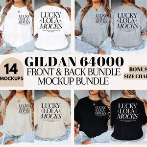 May include: A mockup bundle of 14 Gildan 64000 t-shirts in various colors, including white, gray, beige, and black. The shirts feature a graphic design with the text "Lucky Lola Mocks" on the front and back.